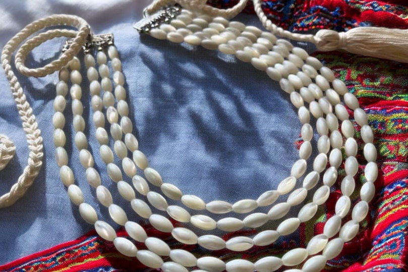 2025 White Ukrainian Mother of Pearl Multirow Necklace - Unique Ethnic Jewelry