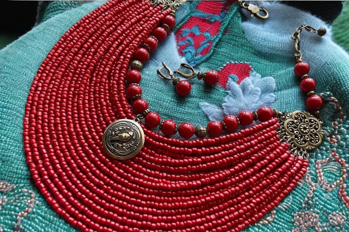 Red Ukrainian Traditional Multirow Beaded Necklace - Ethnic Glass & Pressed Coral Jewelry