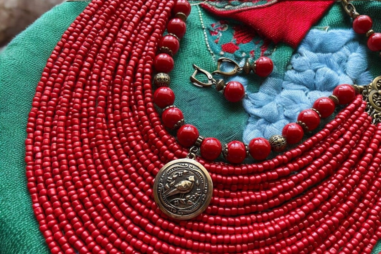 Red Ukrainian Traditional Multirow Beaded Necklace - Ethnic Glass & Pressed Coral Jewelry