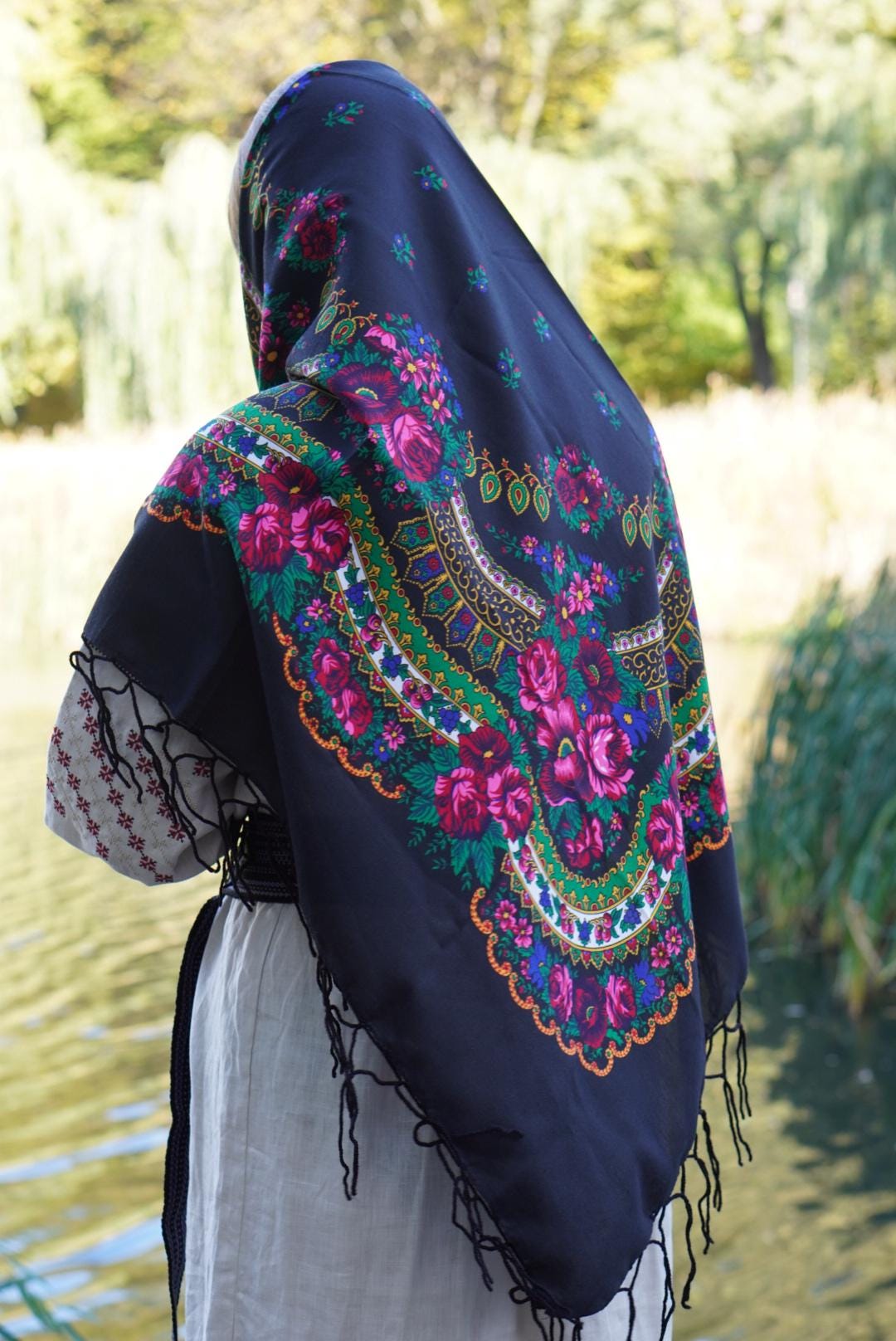 Traditional Ukrainian Shawl - Bohemian Floral Scarf for Women
