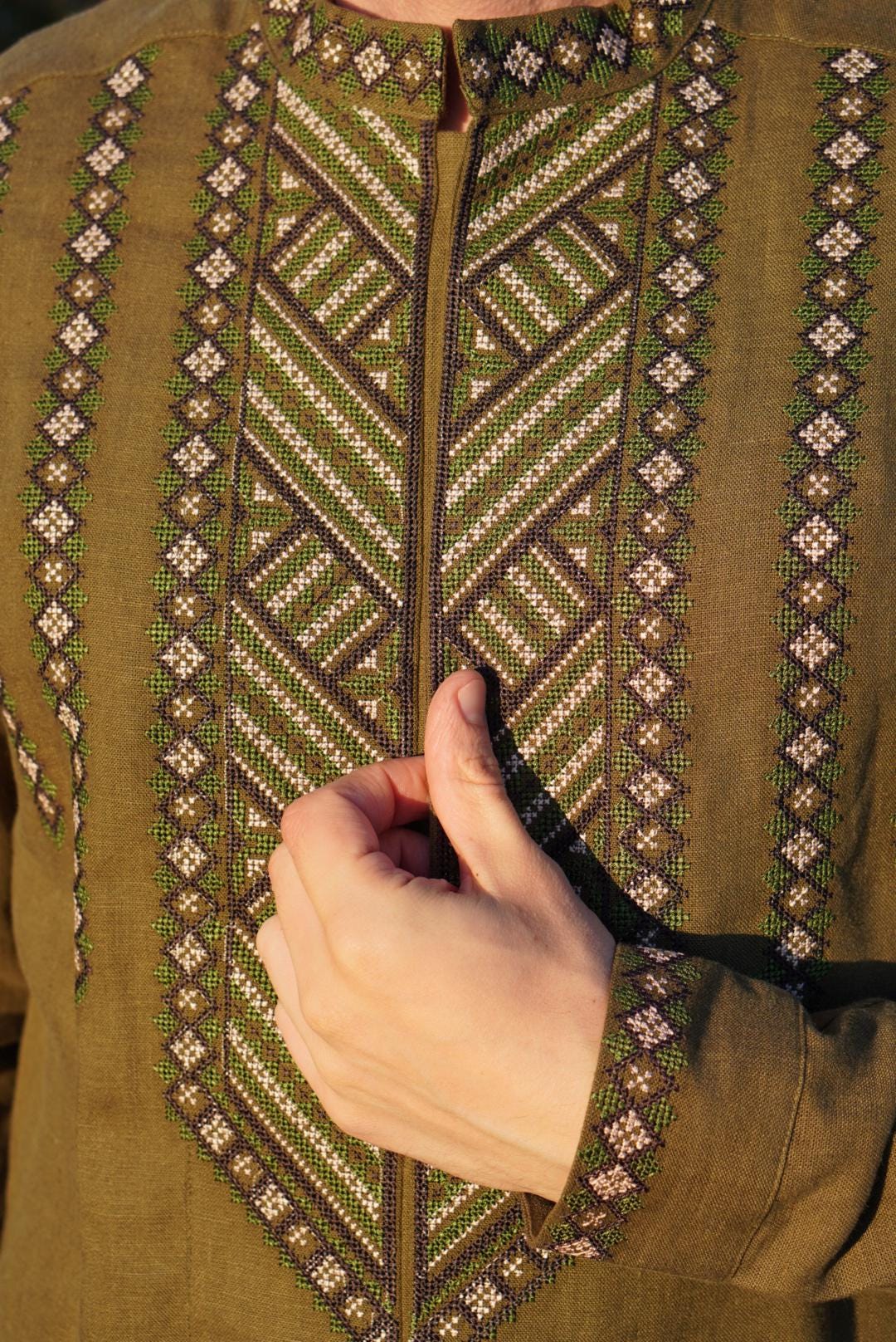 Linen embroidered shirt Khaki green Ukrainian Vyshyvanka Men's Ukrainian