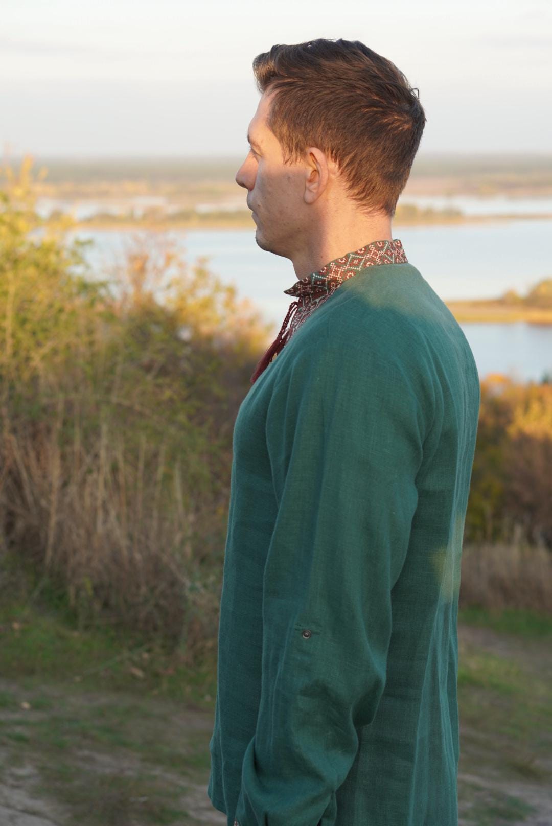 Green Linen Folk Shirt, Ethnic Embroidered shirt Ukrainian shirt For Men, Men's Embroidered Traditional, folk costume shirt, Boho shirt