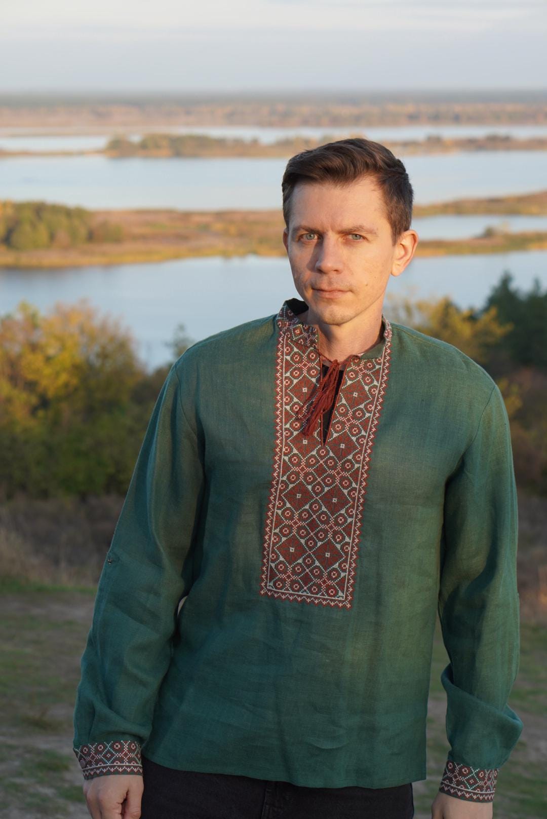 Green Linen Folk Shirt, Ethnic Embroidered shirt Ukrainian shirt For Men, Men's Embroidered Traditional, folk costume shirt, Boho shirt