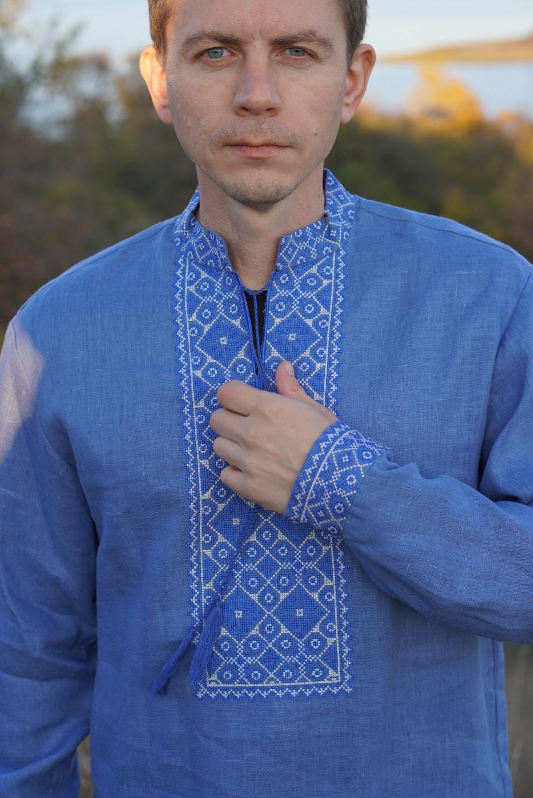 Blue Linen embroidered shirt Ukrainian Vyshyvanka Men's Ukrainian Traditional Ukrainian shirts Gift for Him Men Gift for Christmas