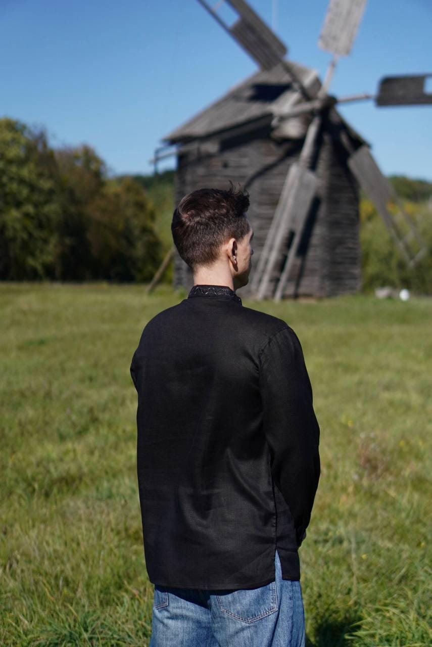 Black Ukrainian Men's Embroidered Shirt Linen Folk Ethnic For Men