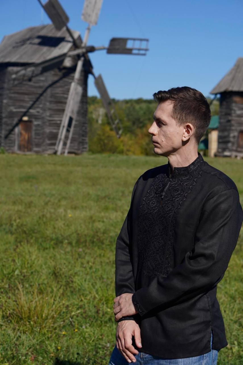 Black Ukrainian Men's Embroidered Shirt Linen Folk Ethnic For Men