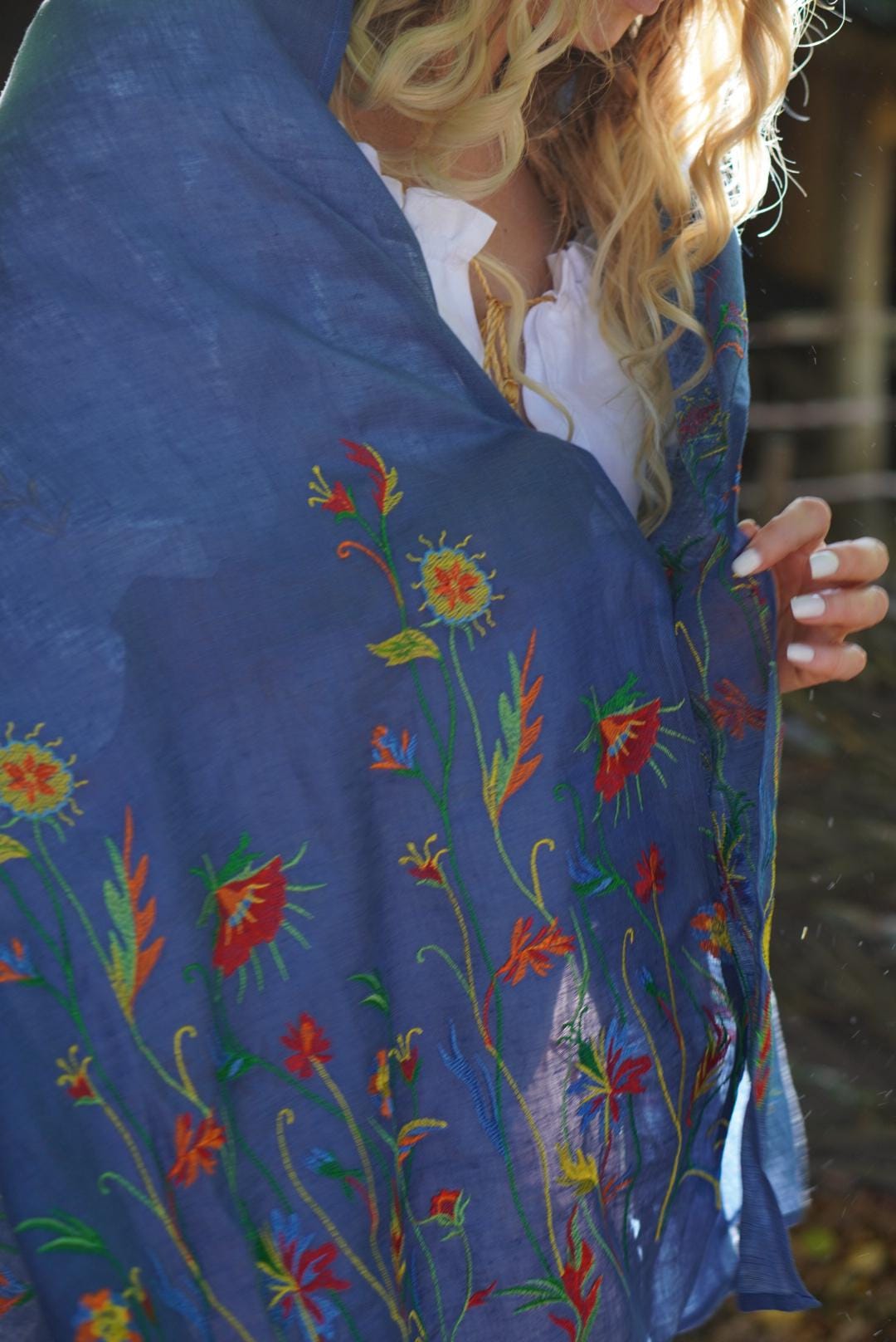 Blue Embroidered Ukrainian shawl,Traditional Ukrainian, bohemian scarf flower, Ukrainian clothings