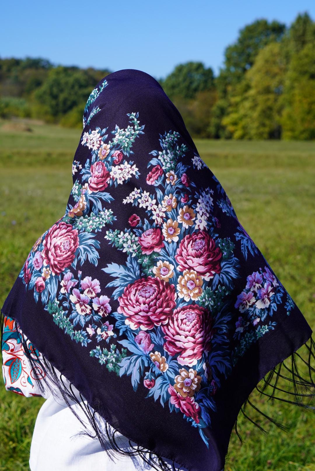 Wool 80% Dark Blue Bohemian shawl Gift for EasterUkrainian Shawl Word of Love,Traditional scarf Large Ethnic shawl châle ukrainien