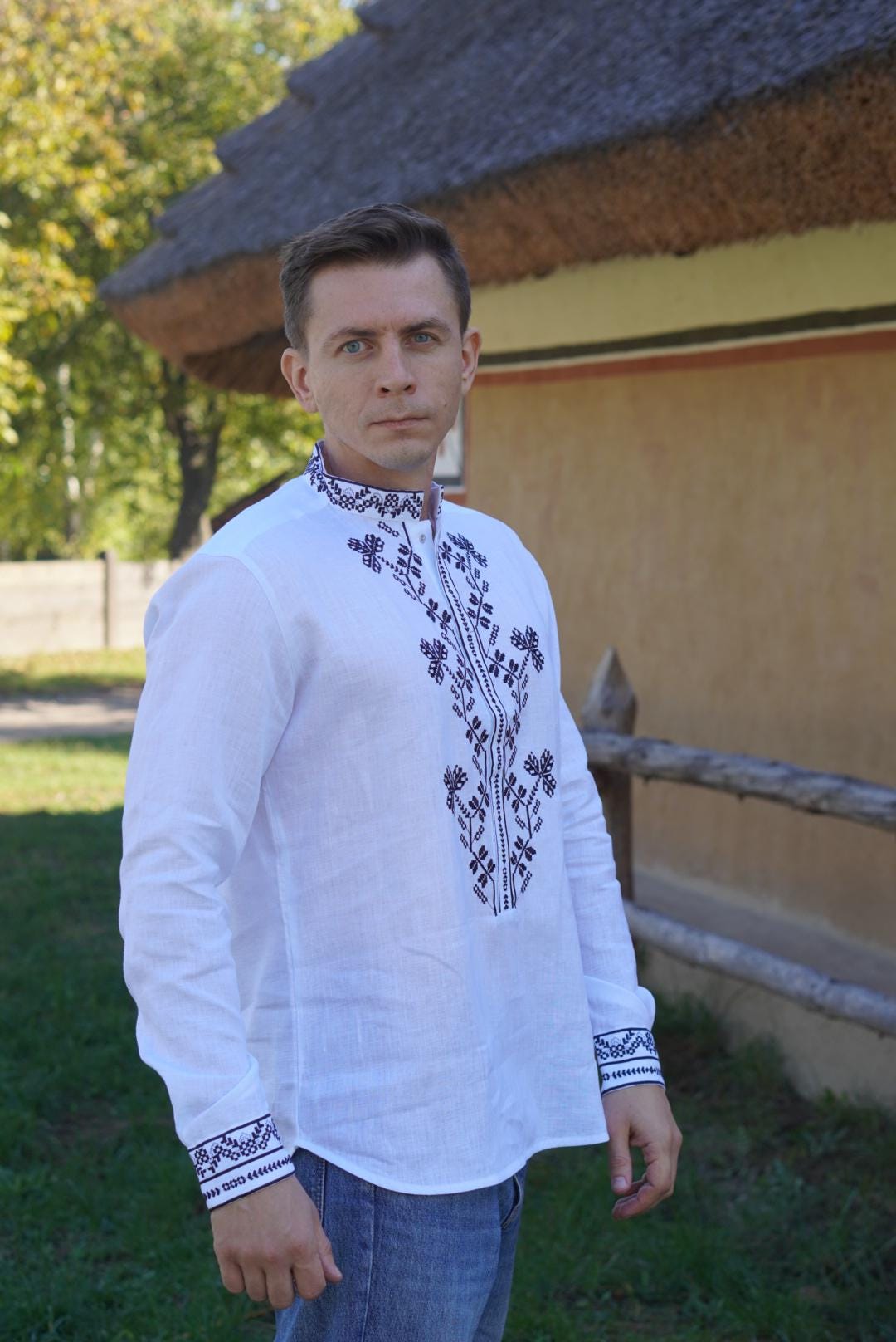 White Linen Shirt Ukrainian Vyshyvanka Embroidered Men's embroidered shirt,Men's embroidered shirt Gift for Christmas