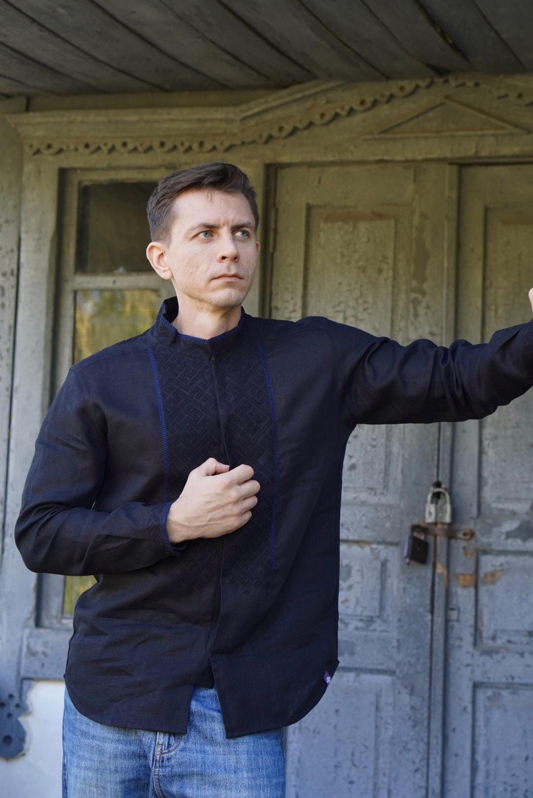 Black Linen Shirt Ukrainian Vyshyvanka Men's embroidered shirt