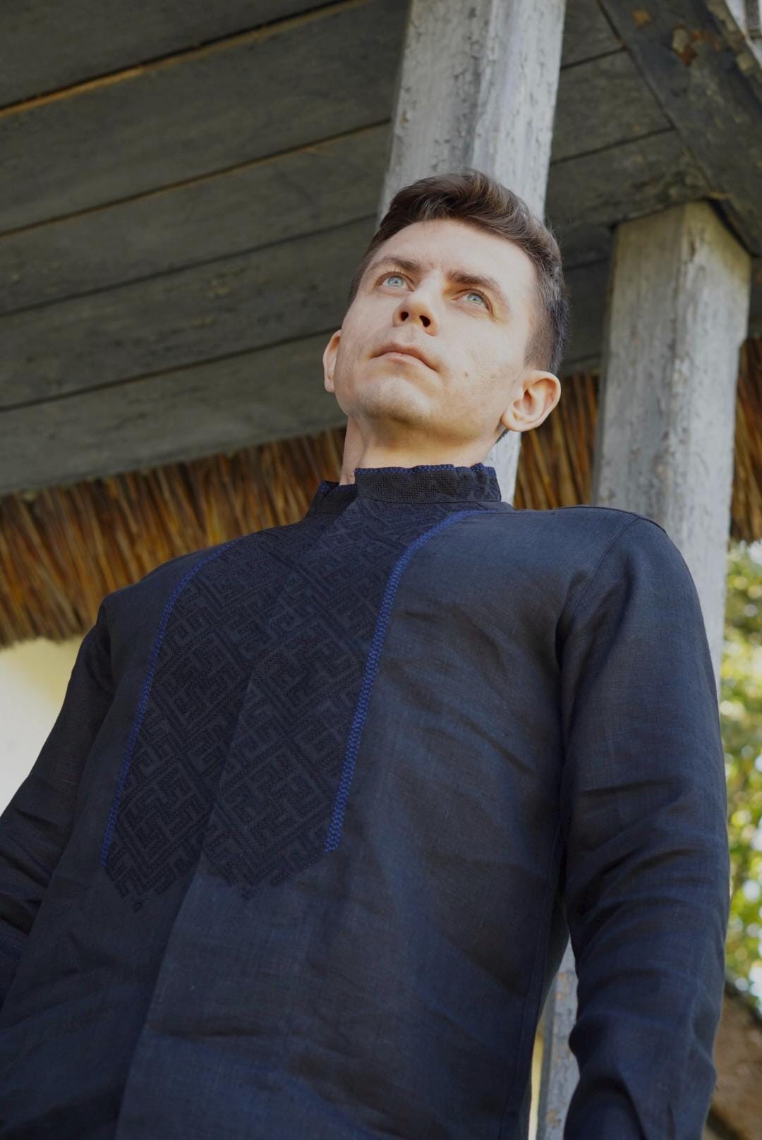 Black Linen Shirt Ukrainian Vyshyvanka Men's embroidered shirt