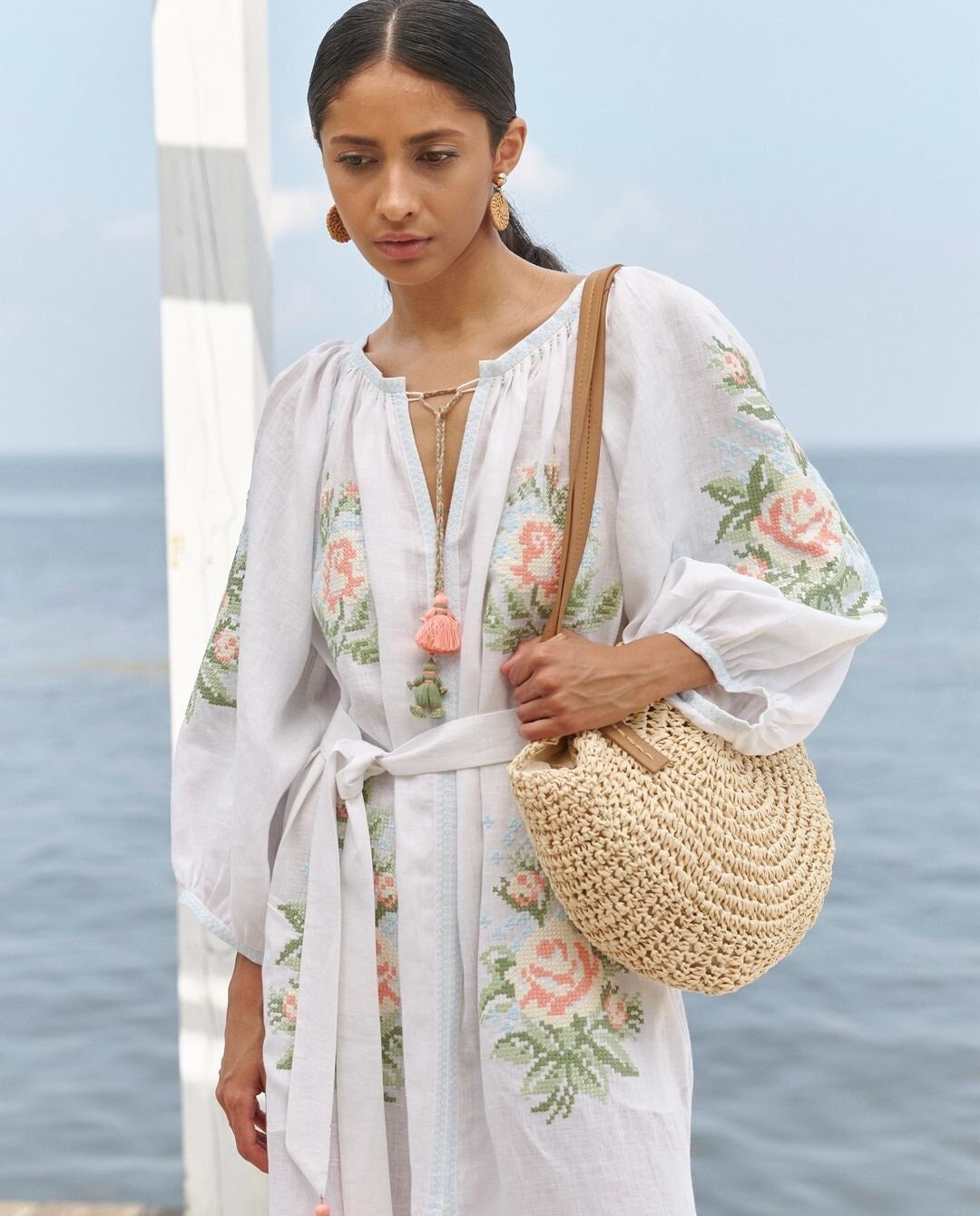 White Linen Ukrainian Dress Wedding Ethnic Bridesmaid Dress, Embroidered Dress, Folk Linen Dress, Midsommar dress, Boho White Dress