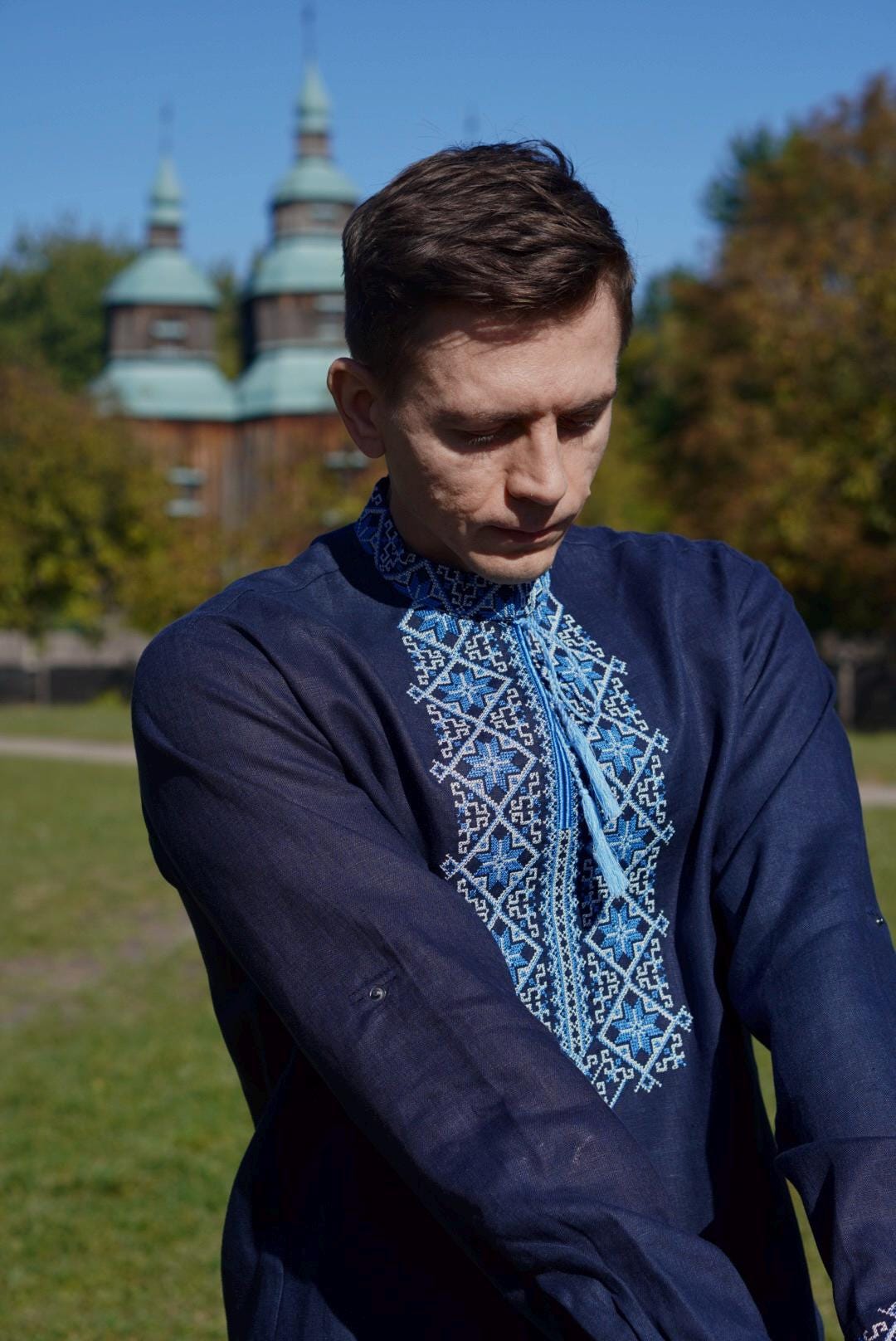 Blue Linen Shirt Ukrainian shirt unisex Embroidered shirt Unisex Traditional Vyshyvanka