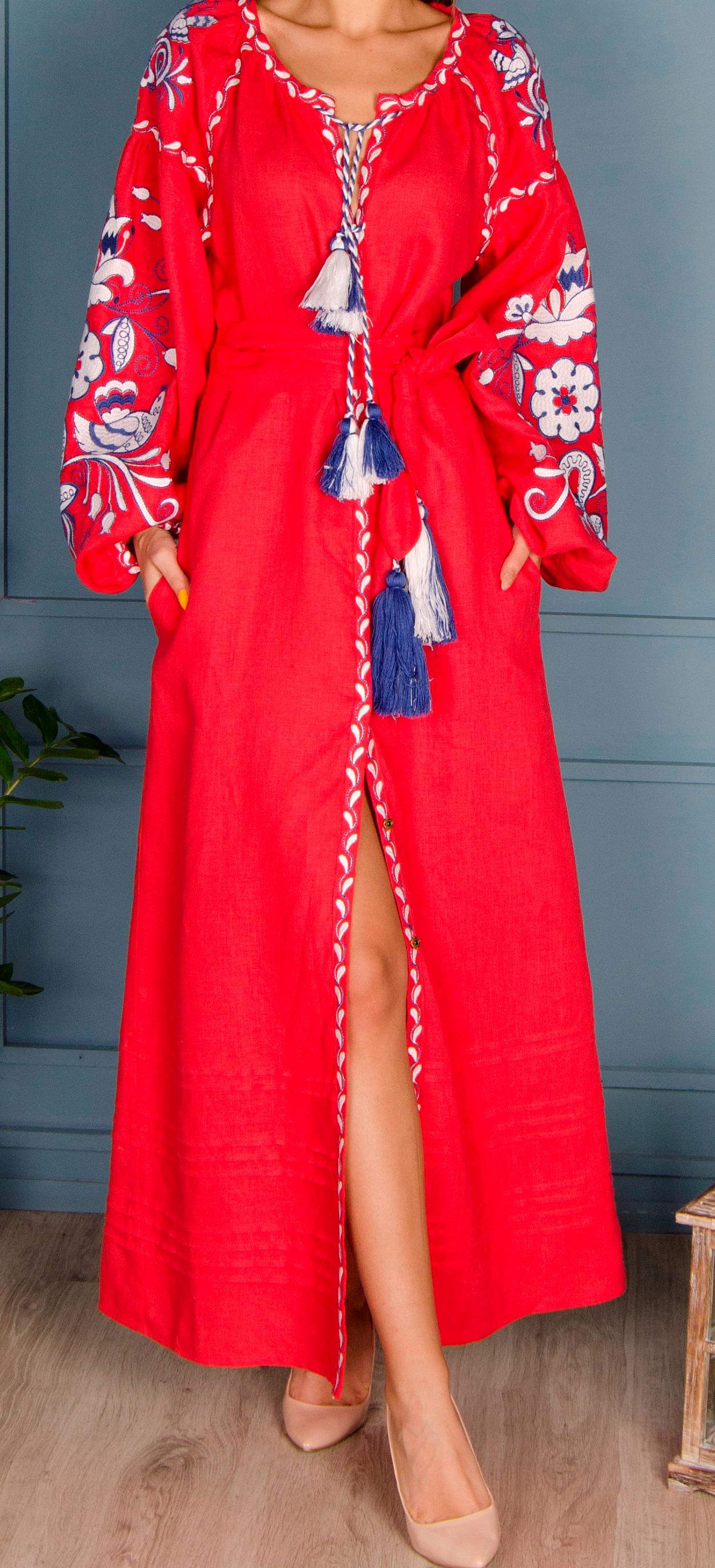 Linen Red Dress Embroidered Ukrainian Vyshyvanka Women Dress, Gift for Her, Gift for Girl, Wife, Gift for Women Gift for Christmas