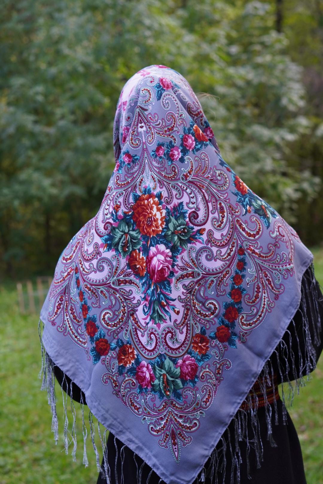 Gray Wool 80% Embroidered Shawl - Traditional Ukrainian Bohemian Scarf for Mom or Daughter