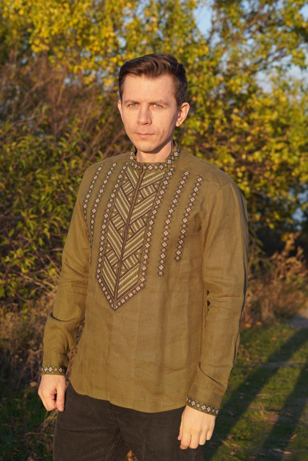 Linen embroidered shirt Khaki green Ukrainian Vyshyvanka Men's Ukrainian