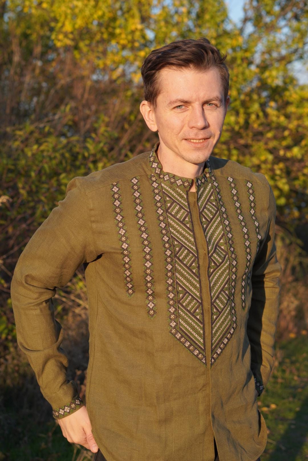 Linen embroidered shirt Khaki green Ukrainian Vyshyvanka Men's Ukrainian