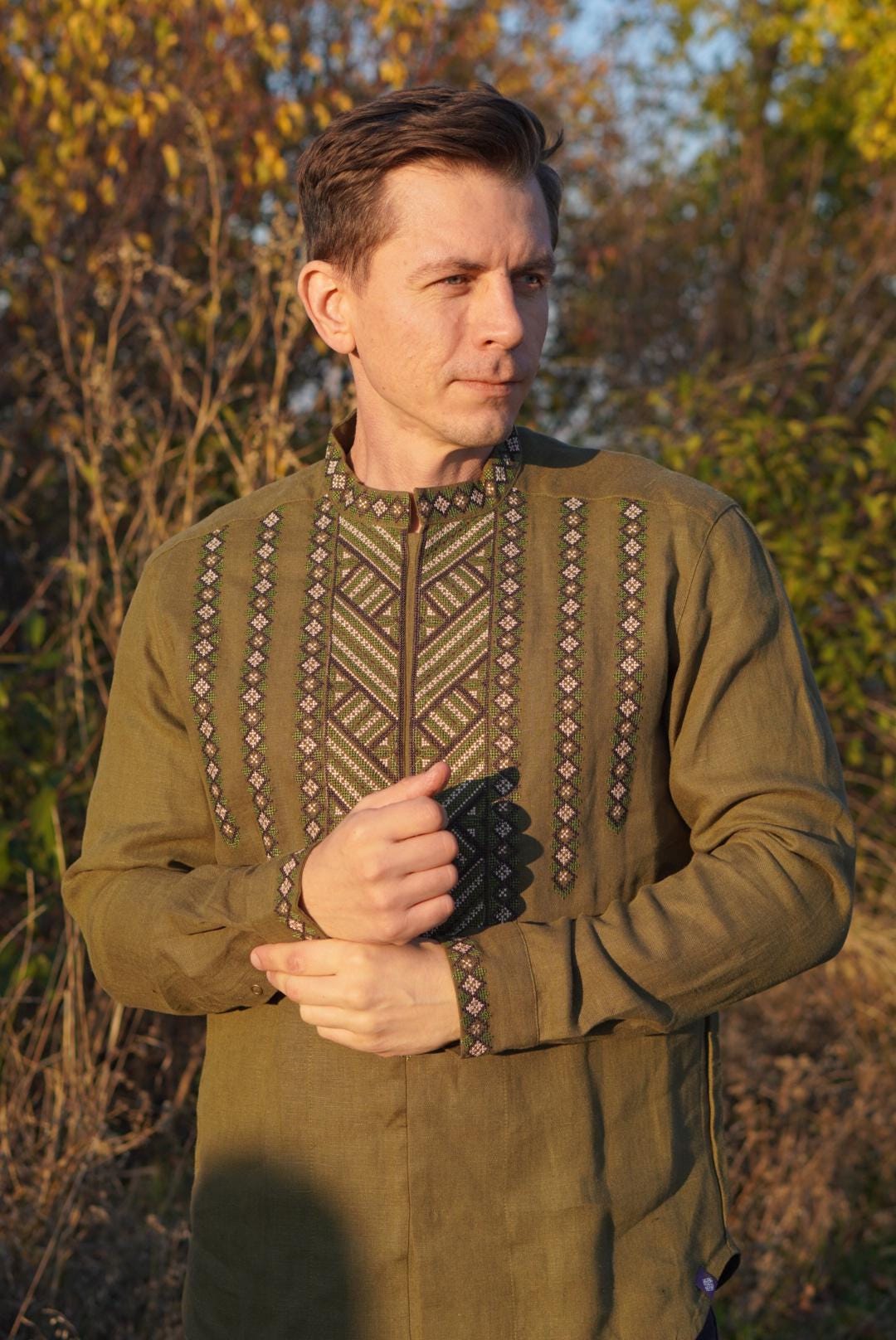 Khaki Linen embroidered shirt green Ukrainian Vyshyvanka Men's Ukrainian Traditional shirts Gift for Him Gift for Men Gift for Christmas