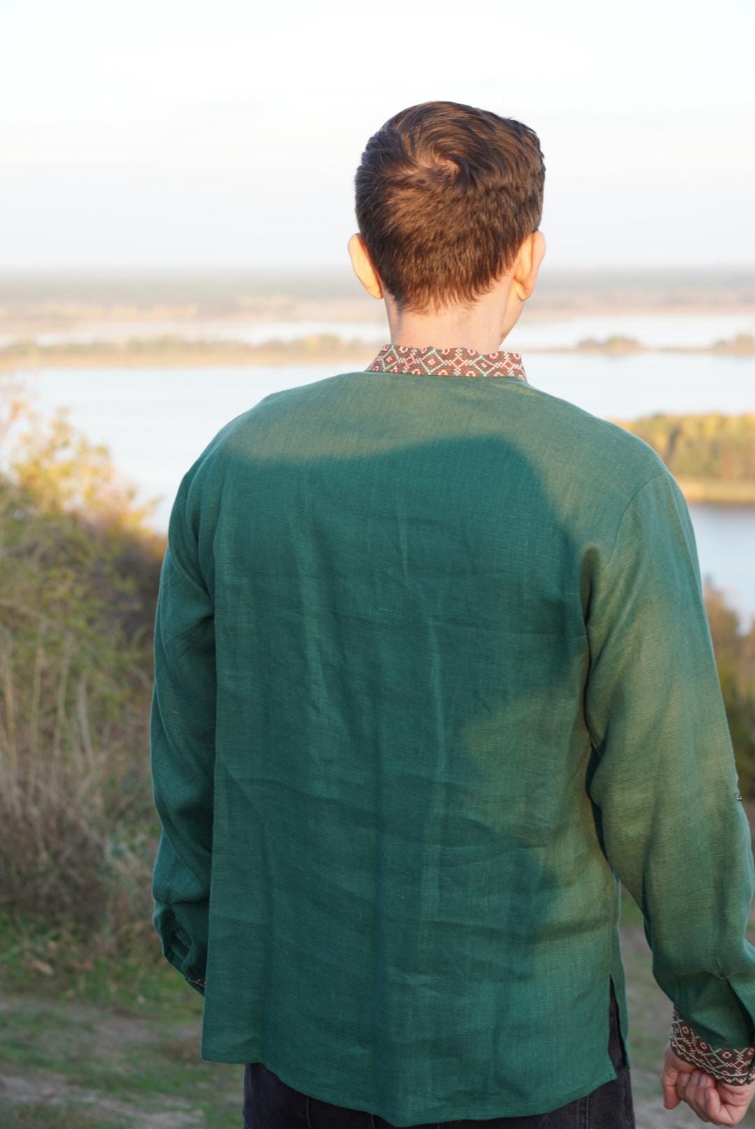 Green Linen Folk Shirt, Ethnic Embroidered shirt Ukrainian shirt For Men, Men's Embroidered Traditional, folk costume shirt, Boho shirt