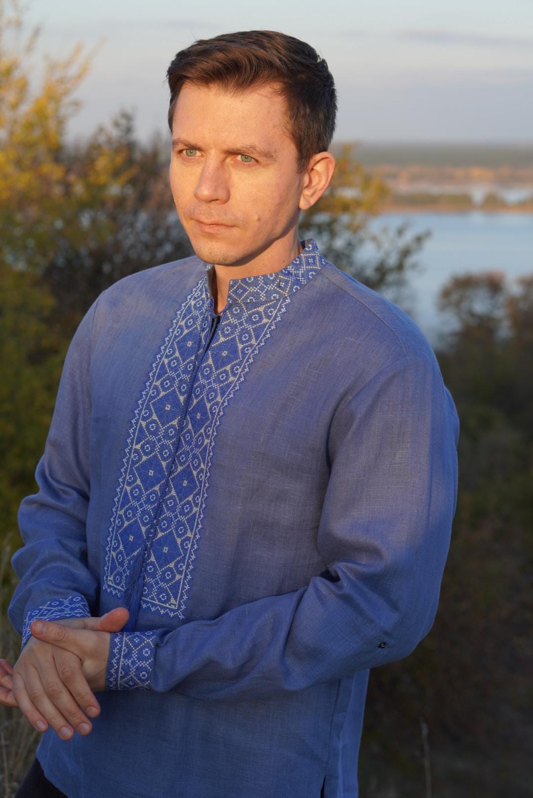 Blue Linen embroidered shirt Ukrainian Vyshyvanka Men's Ukrainian Traditional Ukrainian shirts Gift for Him Men Gift for Christmas
