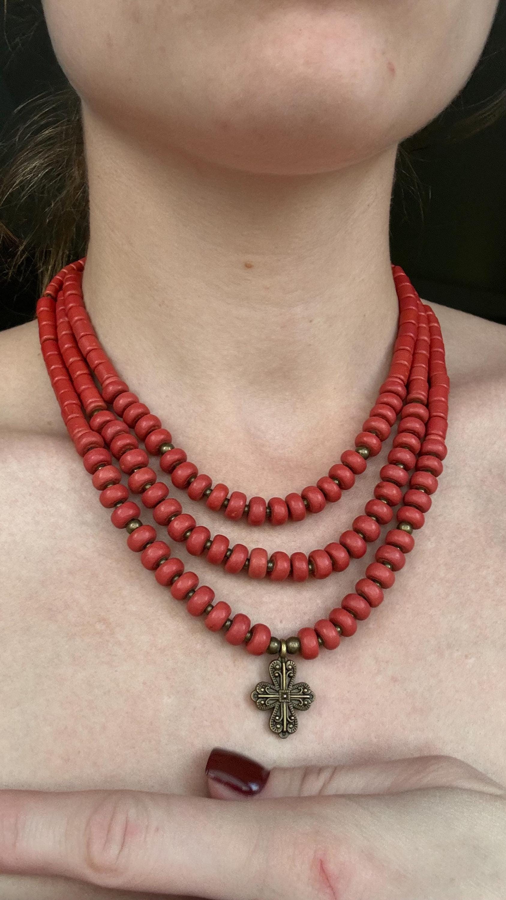 Ukrainian Traditional Cross Necklace - Ethnic Ceramic Jewelry with Antique Beads