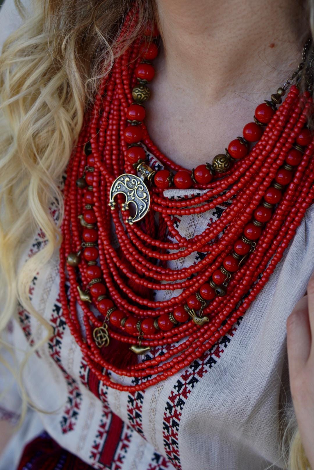 Ukrainian Traditional Multirow Coral Necklace in Hand-Cast Bronze