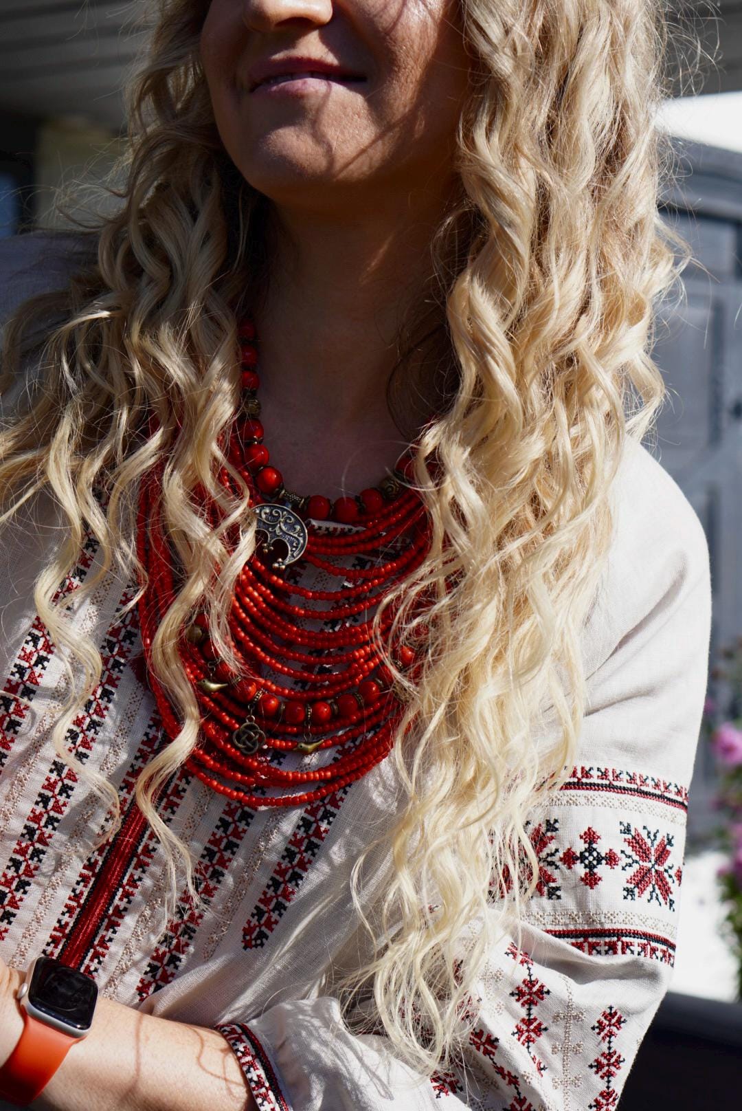 Ukrainian Traditional Multirow Coral Necklace in Hand-Cast Bronze