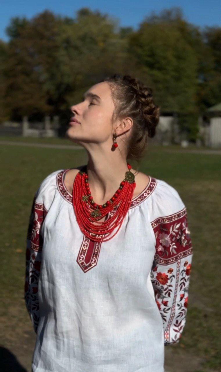 Red Ukrainian Traditional Multirow Necklace of Antique Glass Beads - Ethnic Jewelry