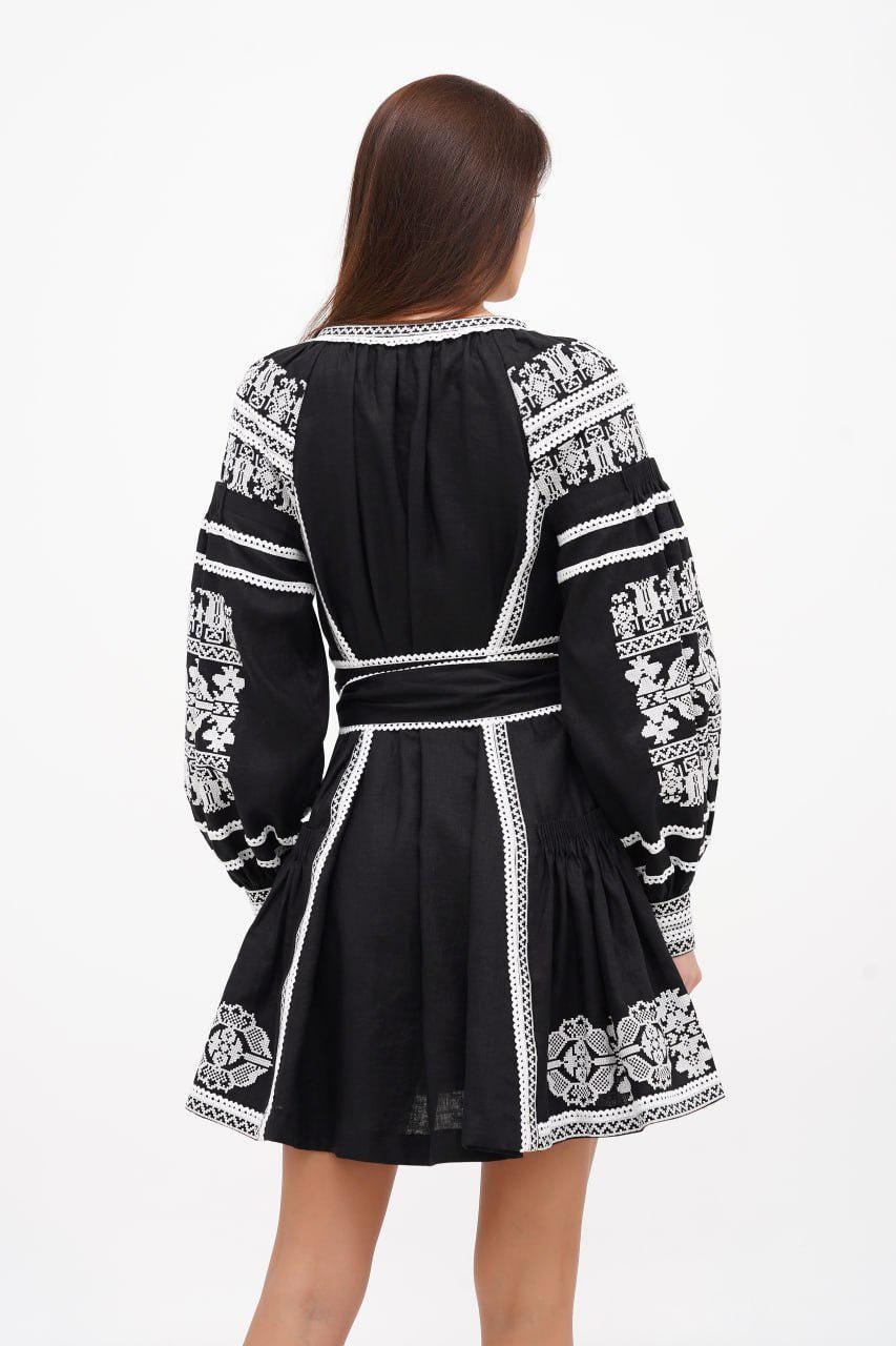 Black Linen Embroidered Dress with White Embroidery Ukrainian Embroidered Ethnic Dress Folk Style Gift for Girl Gift for Wife Wedding Dress