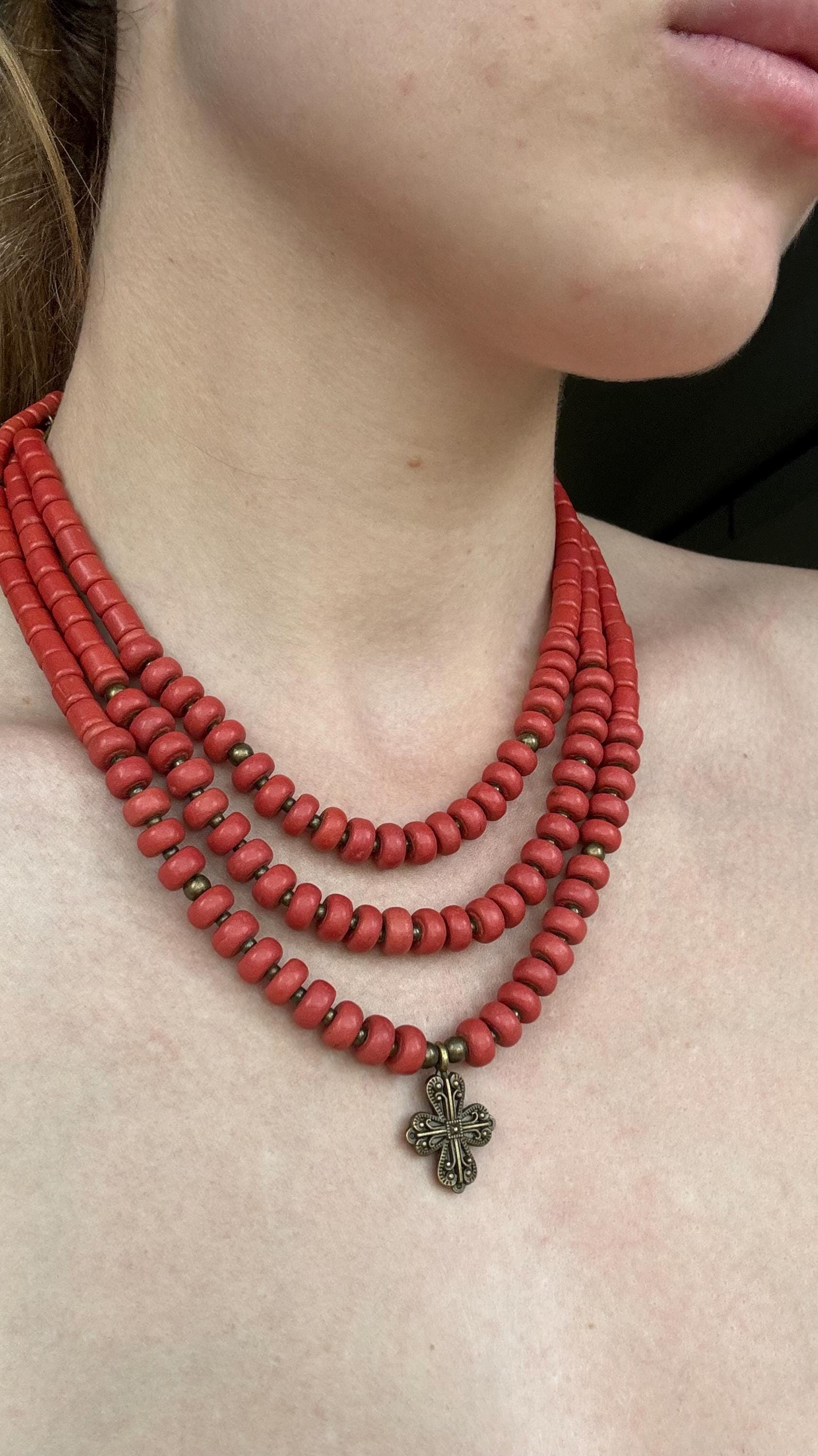 Ukrainian Traditional Cross Necklace - Ethnic Ceramic Jewelry with Antique Beads