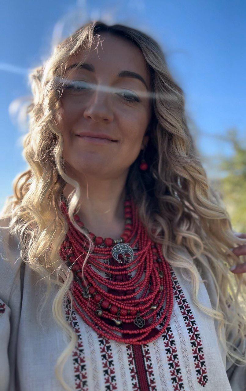 Ukrainian Traditional Multirow Coral Necklace in Hand-Cast Bronze
