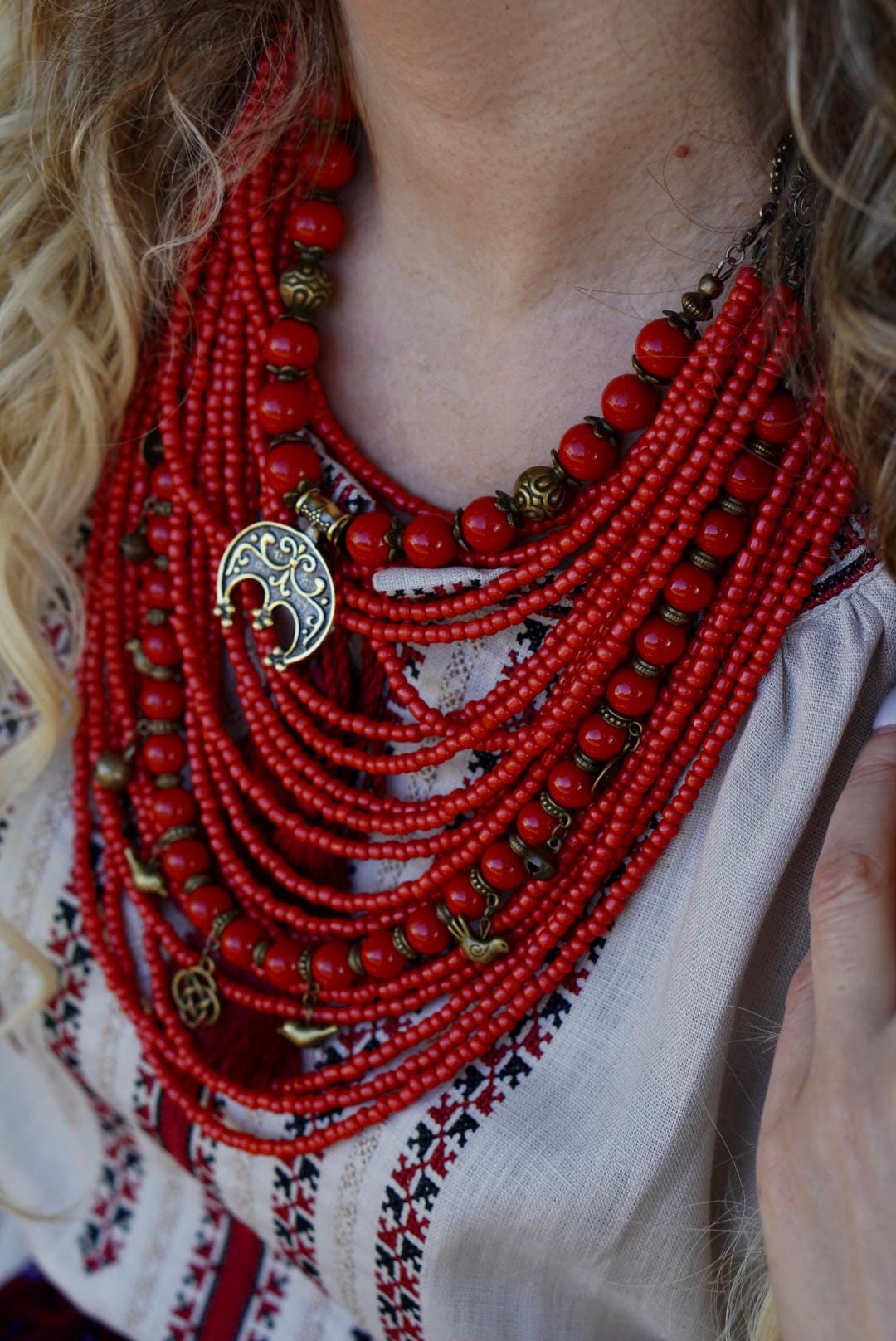 Ukrainian Traditional Multirow Coral Necklace in Hand-Cast Bronze
