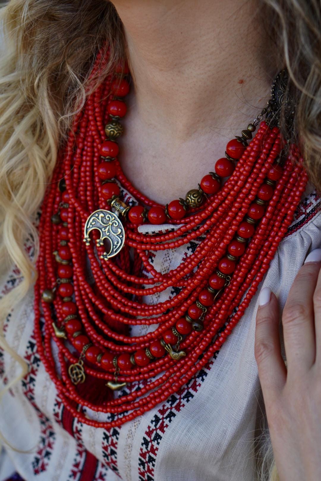 Ukrainian Traditional Multirow Coral Necklace in Hand-Cast Bronze