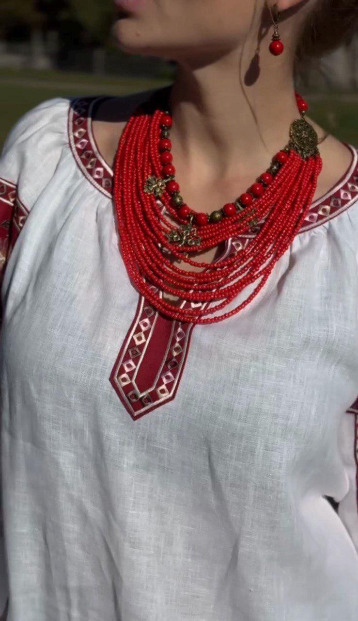 Red Ukrainian Traditional Multirow Necklace of Antique Glass Beads - Ethnic Jewelry