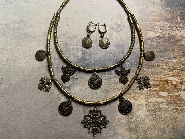 SET Metal Necklace + Earrings Ethnic Ukrainian necklace Traditional Jewelry Brass Pendants Cross Gift for Her Gift for Girl for Wife