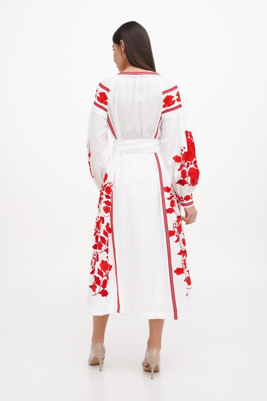 Ukrainian Vyshyvanka Linen Dress Red Embroidery Chic Boho Dress Exquisite Wedding Dress Perfect Bridesmaid Gift and Gift for Her Folk Style