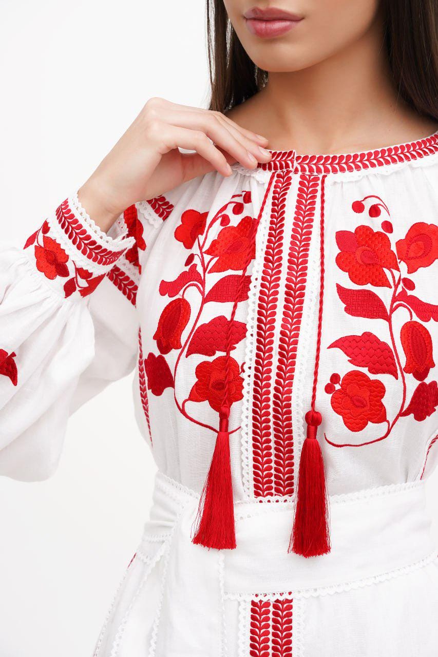 Ukrainian Vyshyvanka Linen Dress Red Embroidery Chic Boho Dress Exquisite Wedding Dress Perfect Bridesmaid Gift and Gift for Her Folk Style