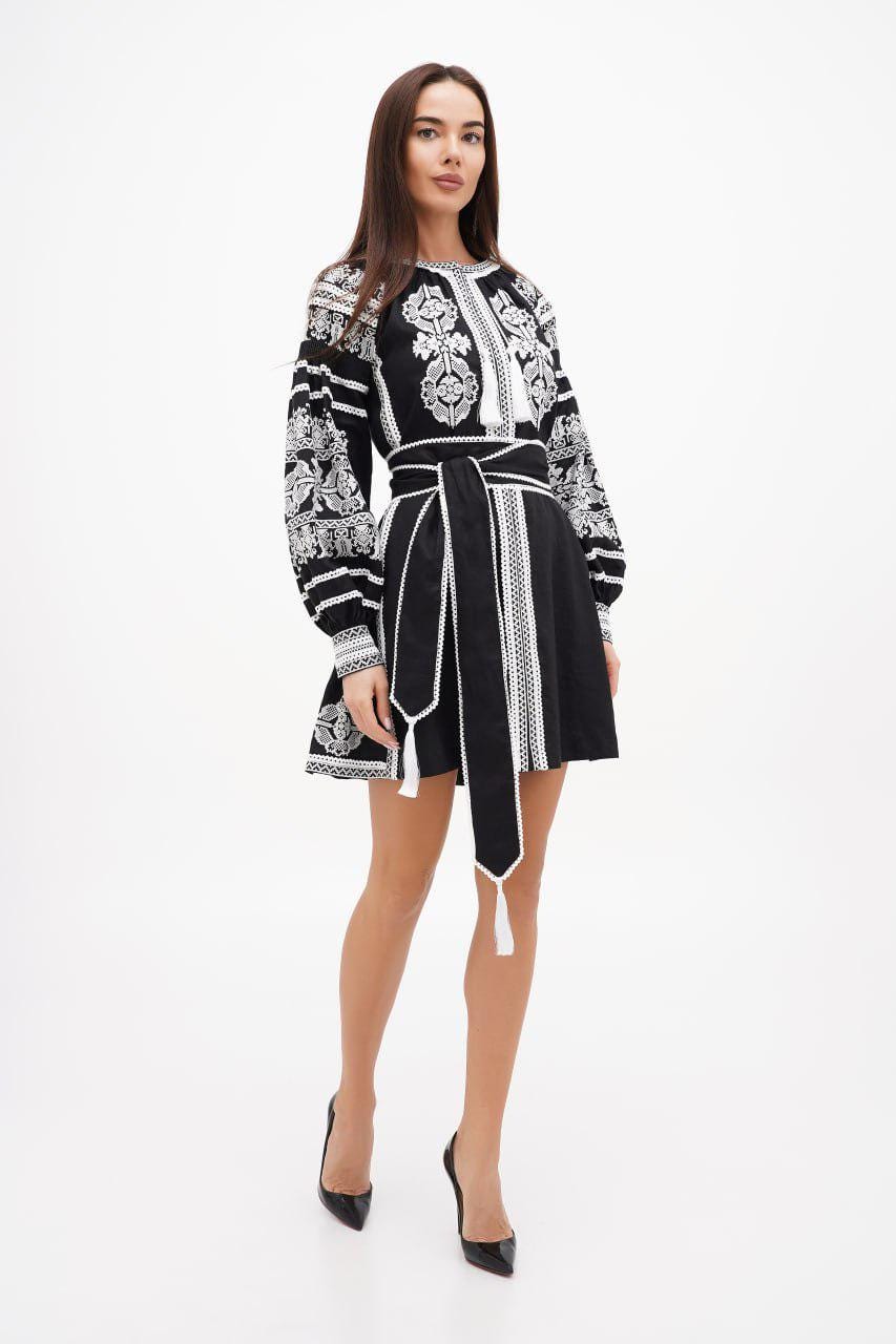 Black Linen Embroidered Dress with White Embroidery Ukrainian Embroidered Ethnic Dress Folk Style Gift for Girl Gift for Wife Wedding Dress