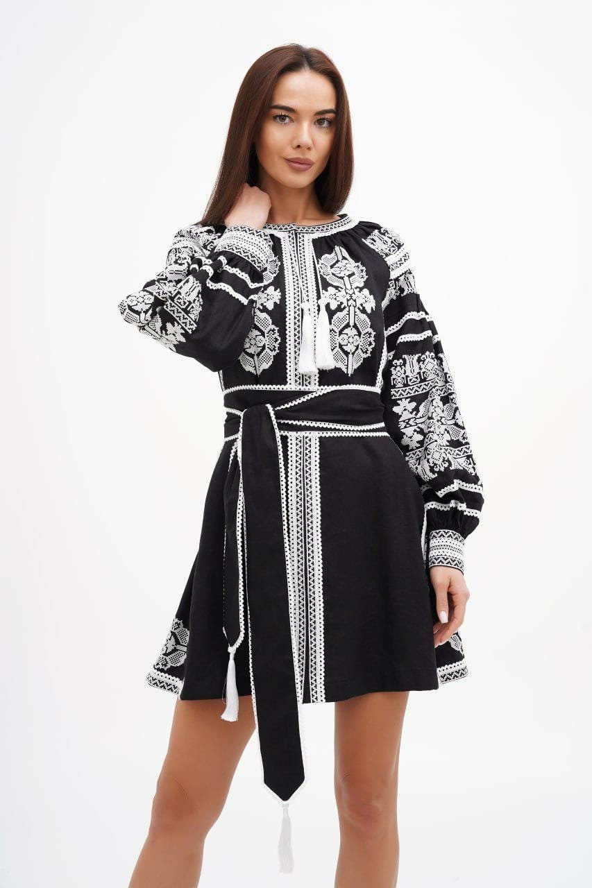 Black Linen Embroidered Dress with White Embroidery Ukrainian Embroidered Ethnic Dress Folk Style Gift for Girl Gift for Wife Wedding Dress