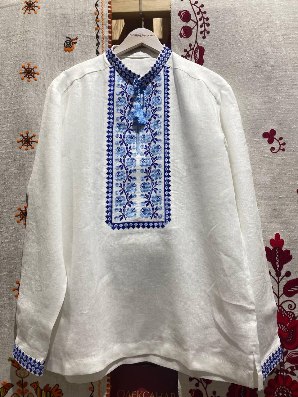 Men's White Linen Vyshyvanka Shirt with Blue Embroidery