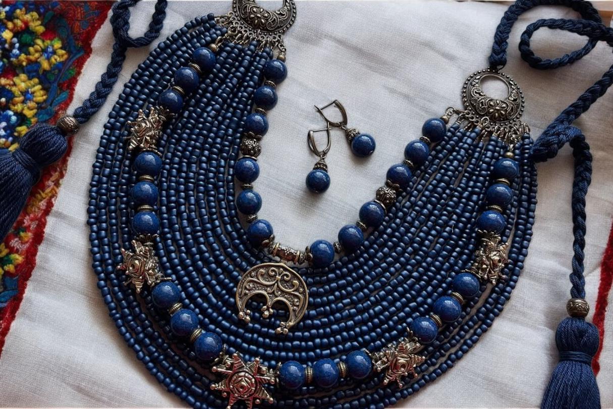 SET Folk Necklace + Earrings Blue Ukrainian Traditional Glass Beads Jewellery Ethnic Necklace Ukrainian Folk Costume Folklore Art Gift Idea