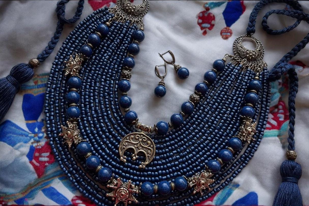 SET Folk Necklace + Earrings Blue Ukrainian Traditional Glass Beads Jewellery Ethnic Necklace Ukrainian Folk Costume Folklore Art Gift Idea