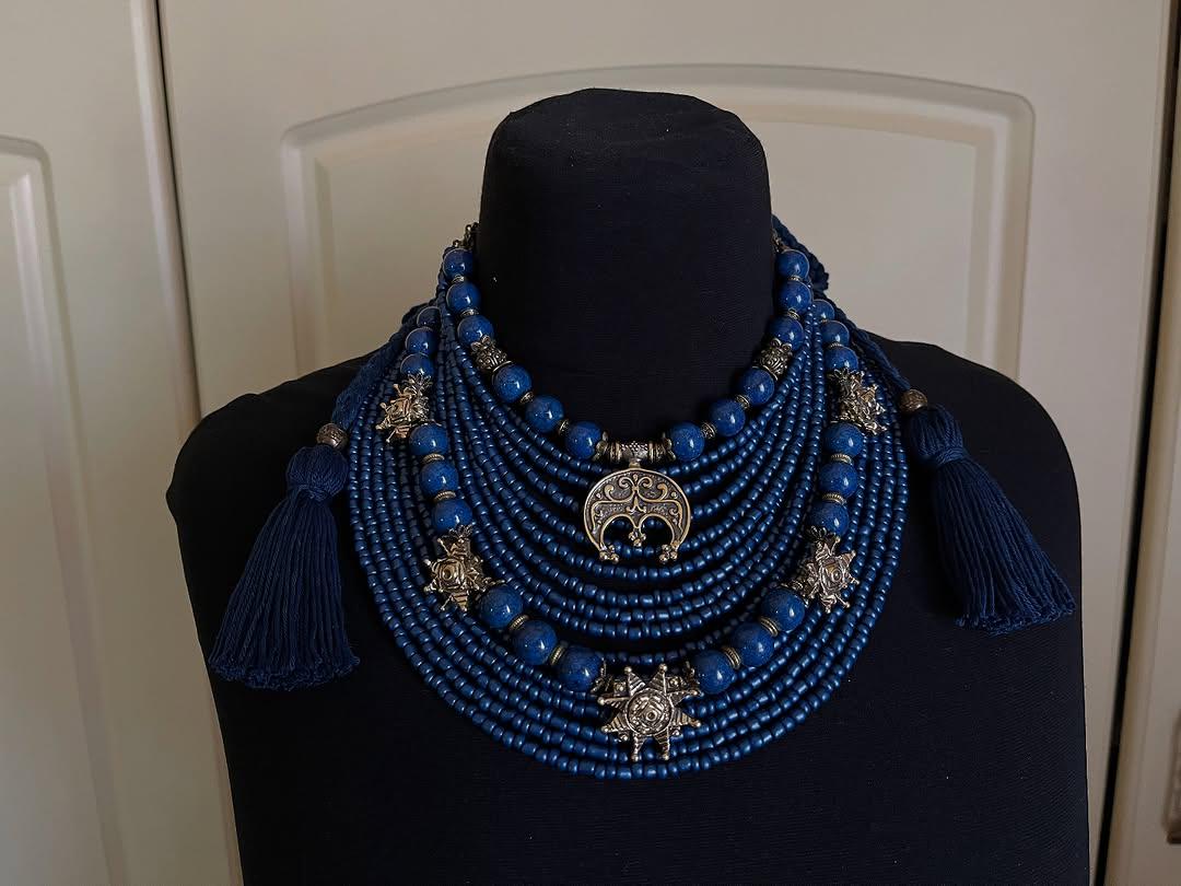 SET Folk Necklace + Earrings Blue Ukrainian Traditional Glass Beads Jewellery Ethnic Necklace Ukrainian Folk Costume Folklore Art Gift Idea