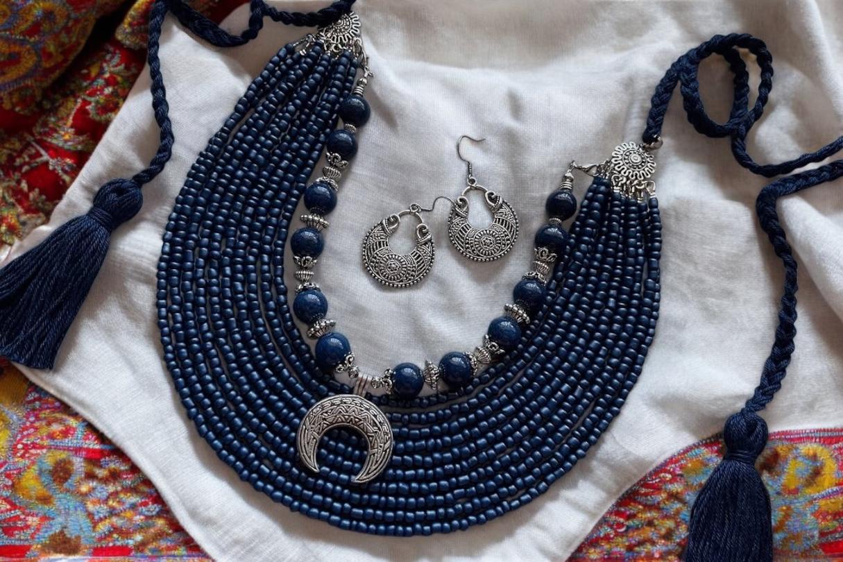 Blue Ukrainian Moon Necklace + Earrings Traditional Ethnic Jewelry for Women Beads Necklace Ethnic Multirow Necklace of Glass Beads Folk Art