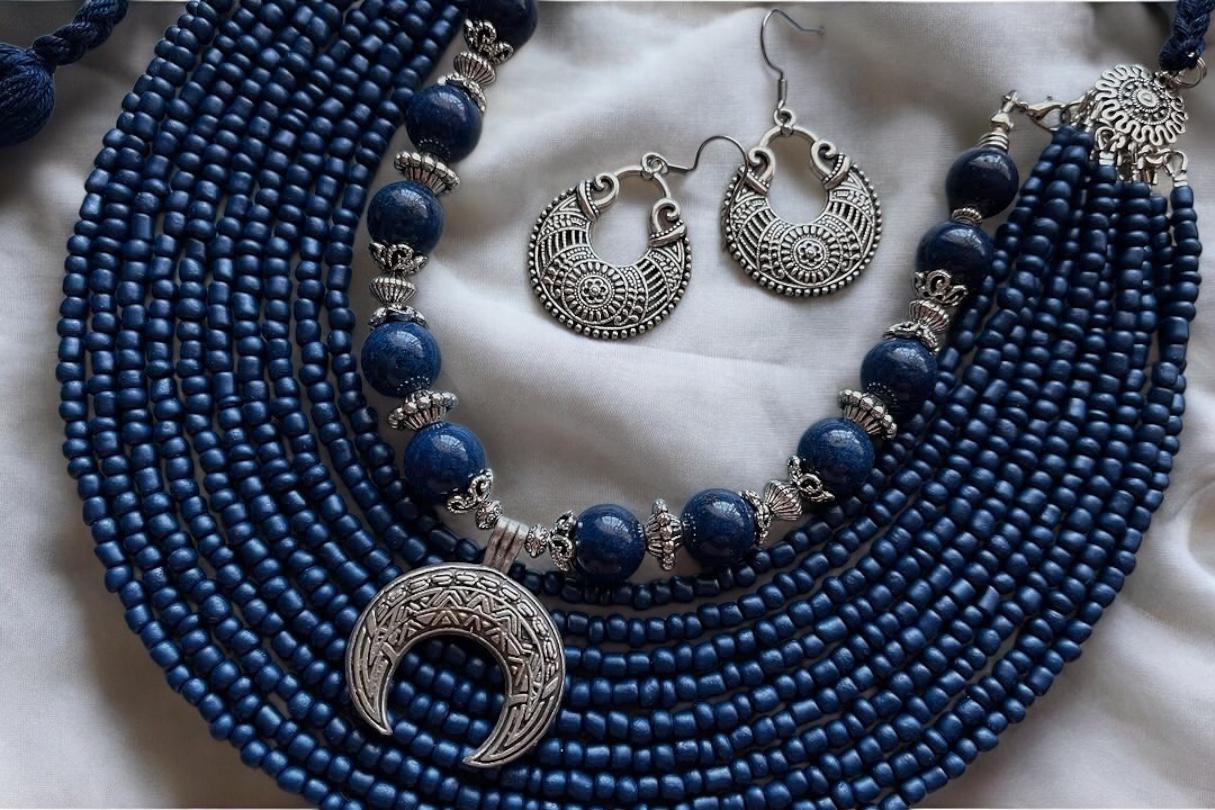 Blue Ukrainian Moon Necklace + Earrings Traditional Ethnic Jewelry for Women Beads Necklace Ethnic Multirow Necklace of Glass Beads Folk Art