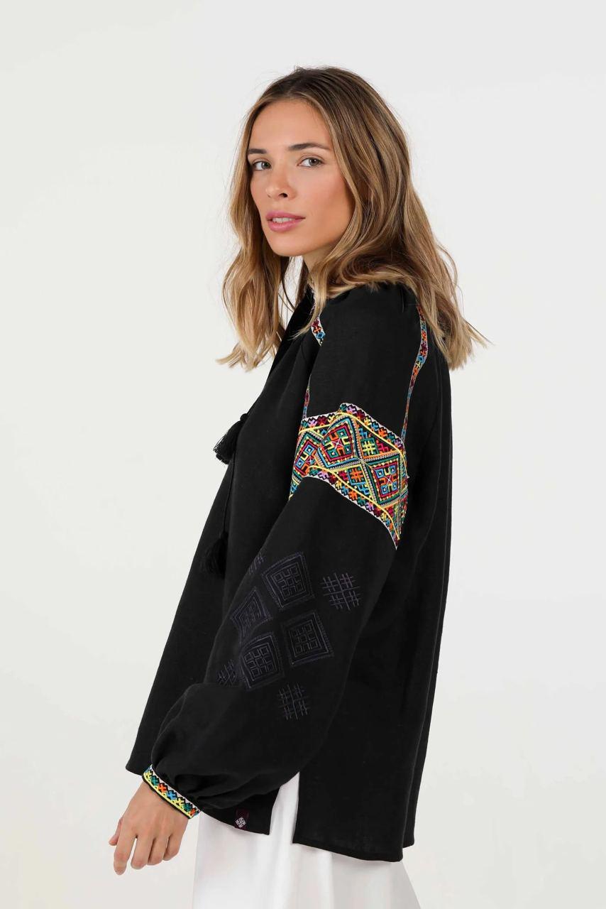 Black Embroidered Blouse Ukrainian Vyshyvanka Bohemian Ethnic Shirt Boho Chic Peasant Folk Art