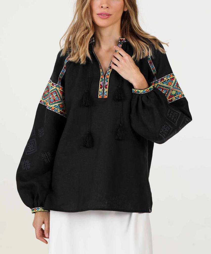 Black Embroidered Blouse Ukrainian Vyshyvanka Bohemian Ethnic Shirt Boho Chic Peasant Folk Art