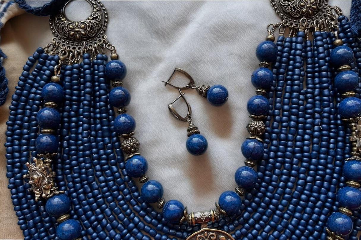 SET Folk Necklace + Earrings Blue Ukrainian Traditional Glass Beads Jewellery Ethnic Necklace Ukrainian Folk Costume Folklore Art Gift Idea