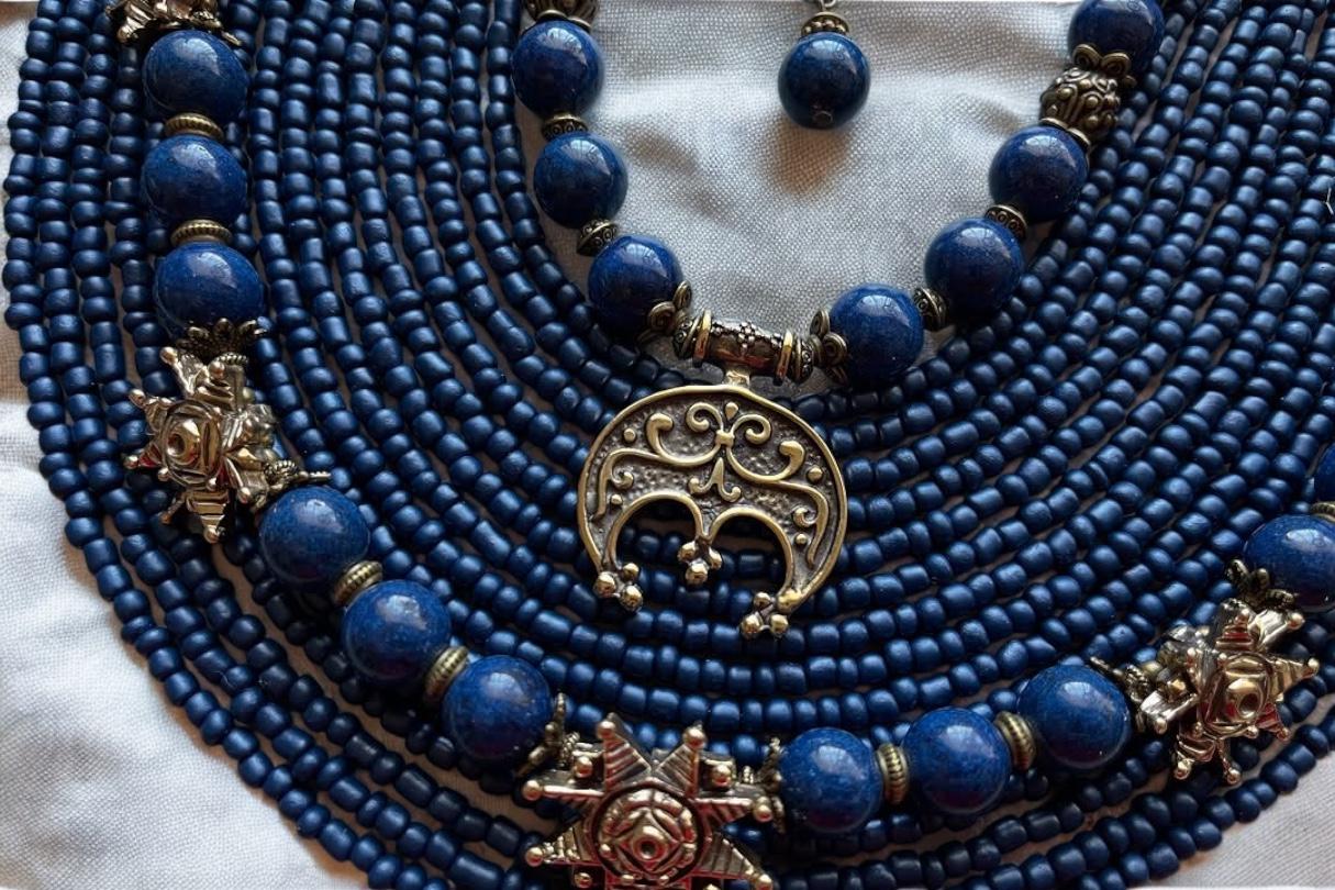 SET Folk Necklace + Earrings Blue Ukrainian Traditional Glass Beads Jewellery Ethnic Necklace Ukrainian Folk Costume Folklore Art Gift Idea