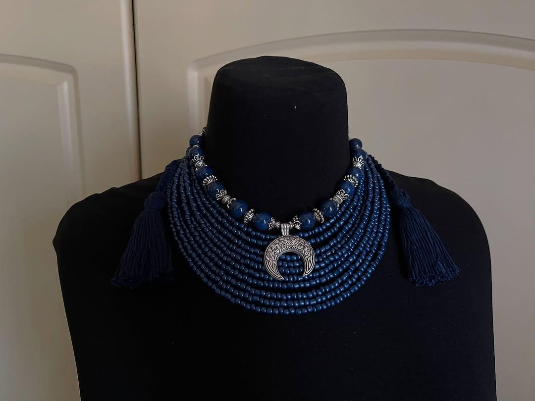 Blue Ukrainian Moon Necklace + Earrings Traditional Ethnic Jewelry for Women Beads Necklace Ethnic Multirow Necklace of Glass Beads Folk Art
